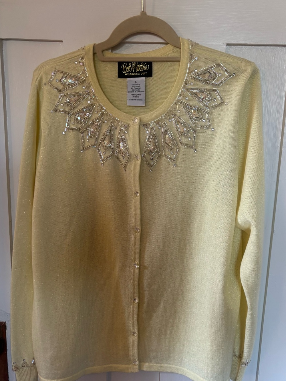 Bob Mackie Wearable Art  butter cream Beaded Crewneck Cardigan